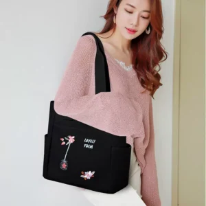 New Black Canvas Women's Shoulder Bag | Fashion Embroidered Tote Bag | Large Capacity Casual Handbag